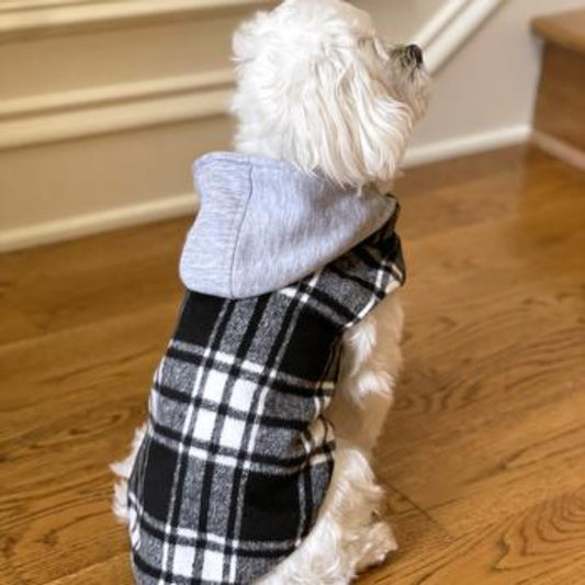 Weekender Dog Sweatshirt Hoodie - Black & White Plaid Flannel 78573