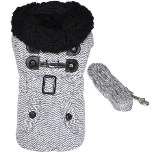 Plaid Fur-Trimmed Herringbone Dog Coat