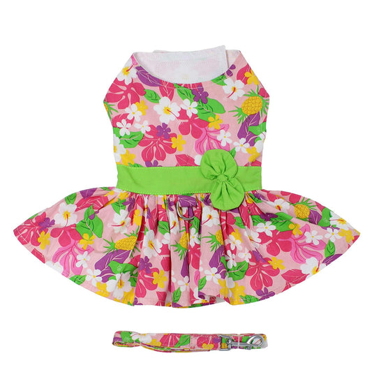 Pink Hawaiian Floral Dog Harness Dress with Matching Leash 73385