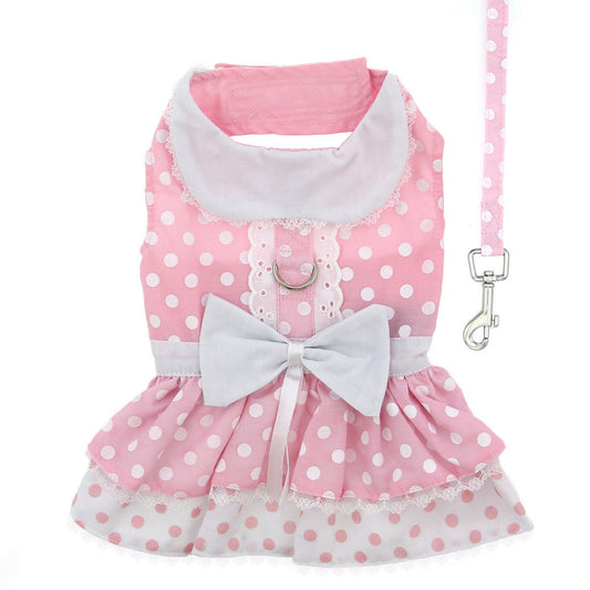 Polka Dot and Lace Dog Dress Set with Leash - Pink 10432