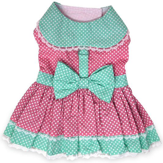 Polka Dot and Lace Dog Dress Set with Leash - Pink and Teal 78553