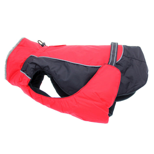 Alpine all weather coat. Trachea safe. Easy on and off. Leash hole at neck base. Elastic straps on back Legs holding coat tight to the body