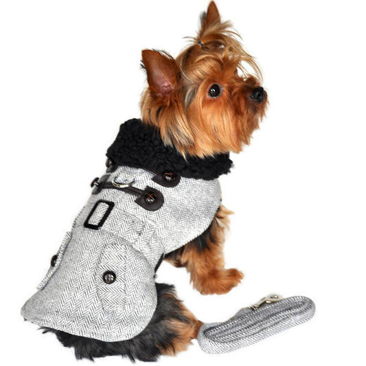 Plaid Fur-Trimmed Herringbone Dog Harness Coat-68267