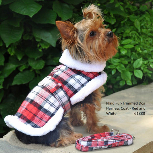 Doggie Design Red Plaid Fur-Trimmed Dog Harness Coat- 61888