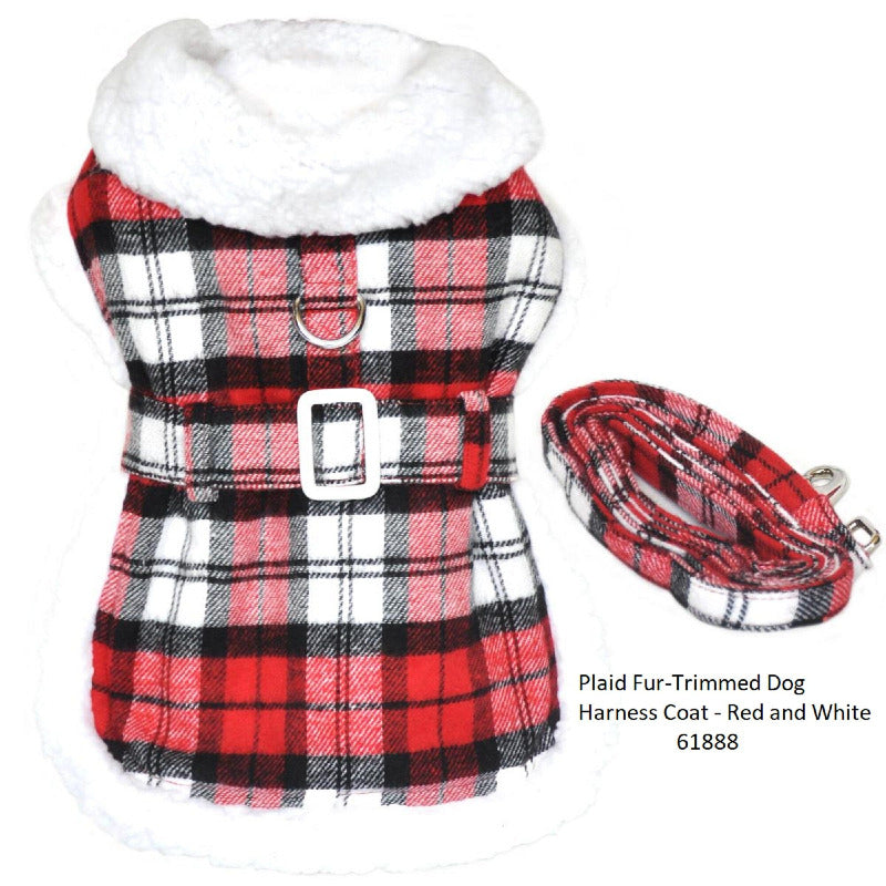 Doggie Design Red Plaid Fur-Trimmed Dog Harness Coat- 61888