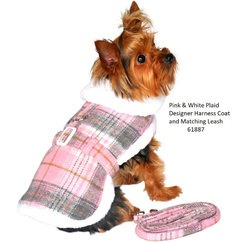 Doggie Design Pink Plaid Fur-Trimmed Dog Harness Coat-61887