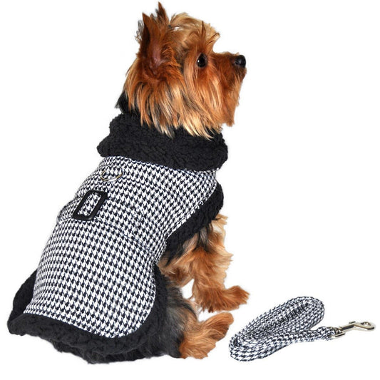 Doggie Design Black and White Plaid Fur-Trimmed Houndstooth Dog Harness Coat-56693