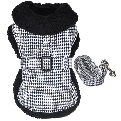 Doggie Design Black and White Plaid Fur-Trimmed Houndstooth Dog Harness Coat-56693