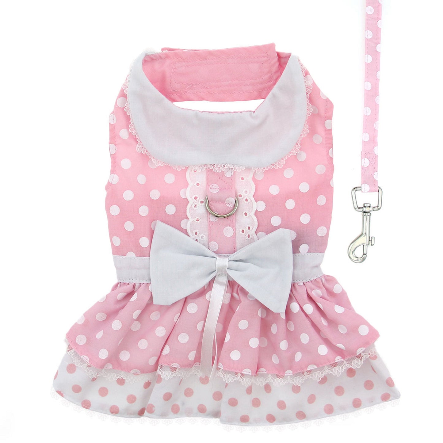 Polka Dot and Lace Dog Dress Set with Leash - Pink 10432-XS