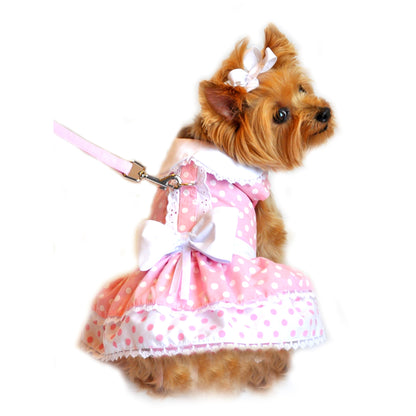 Polka Dot and Lace Dog Dress Set with Leash - Pink 10432-XS